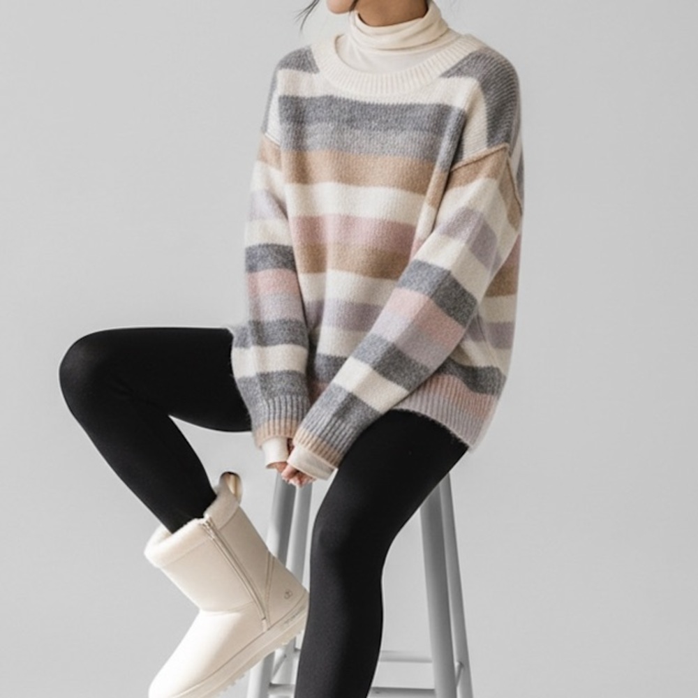 Gap Alpaca Wool Blend Crew Neck Sweater Size S Striped Cream Gray Beige Tan Pink